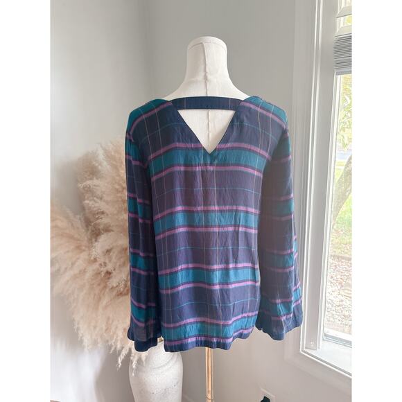 LOFT Blue Plaid Swing Top Size XS Flare Sleeve Cabincore - Picture 7 of 9
